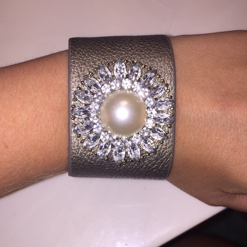 Jeweled leather cuff bracelet
